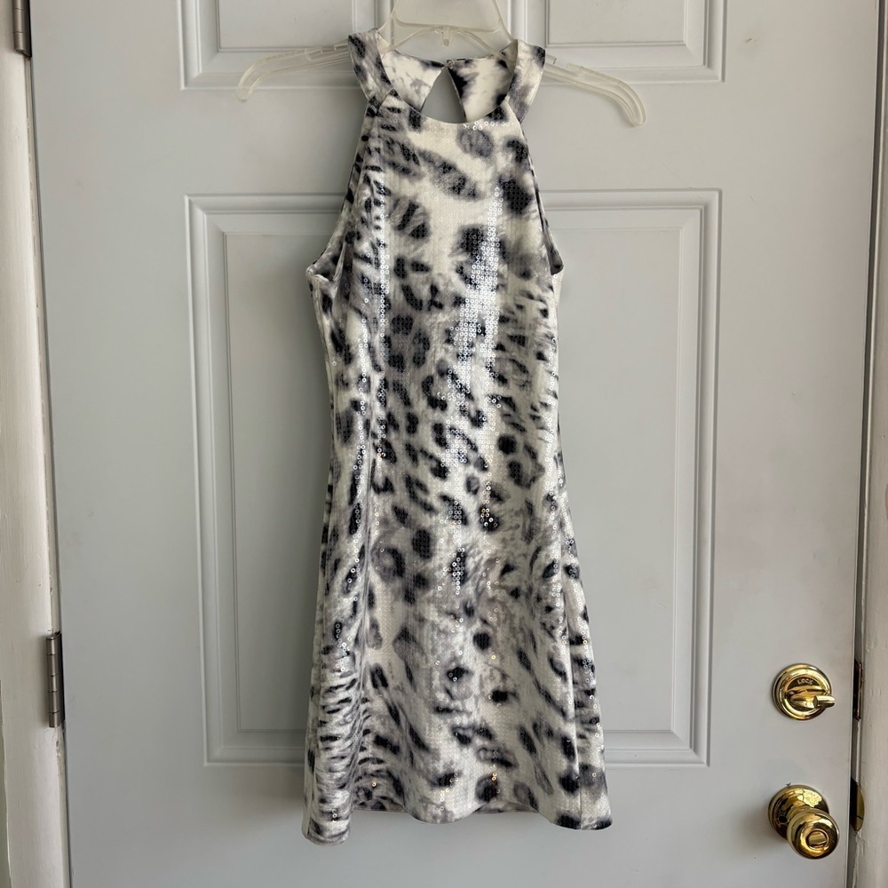 NWT Parker White and Black Leopard Sequin Halter Mini Dress, Size XS - Picture 3 of 15